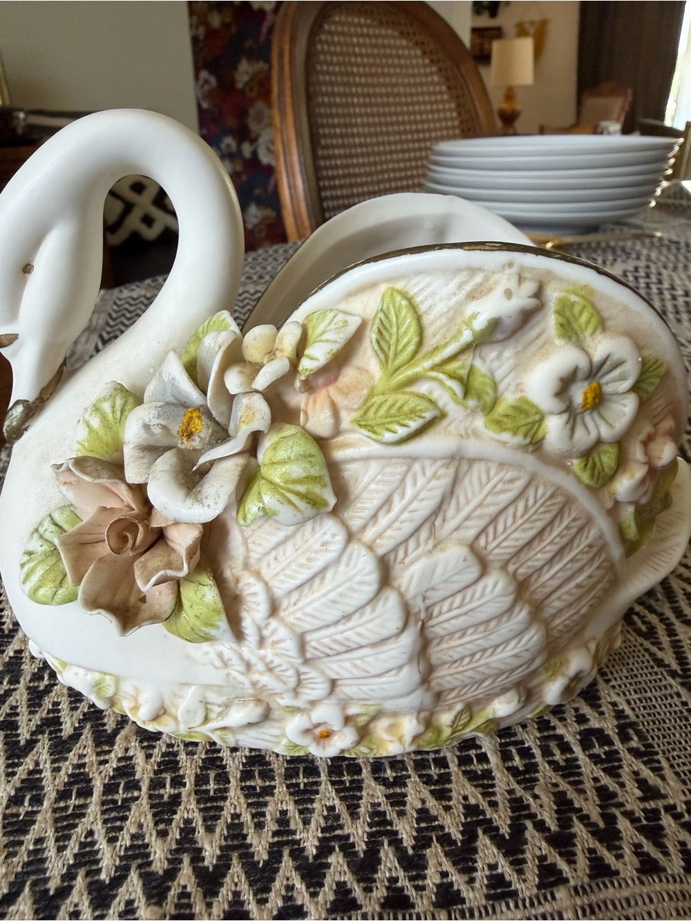 White Ceramic Swan Planter with Pastel Floral Relief